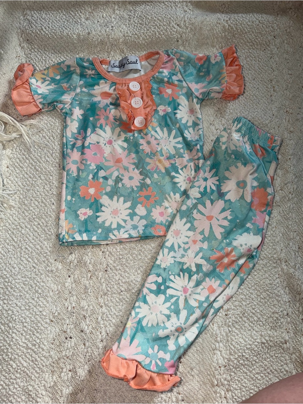Girls' Teal Floral Set with Coral Accents
